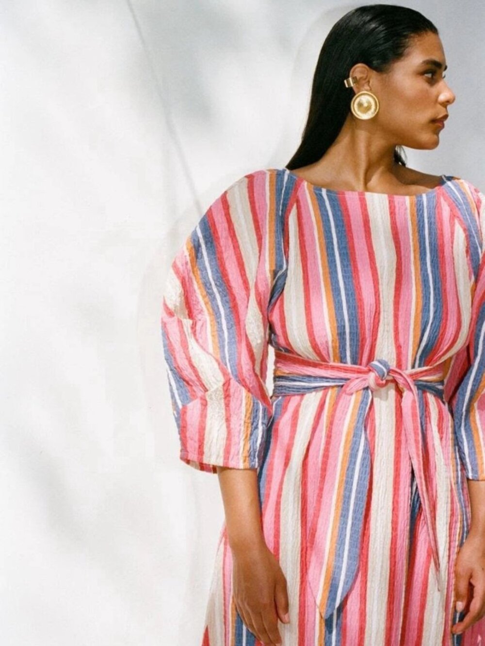 Mara Hoffman Cecilia Stripe Puff Sleeve Cotton Midi Dress Rainbow Multi Small
